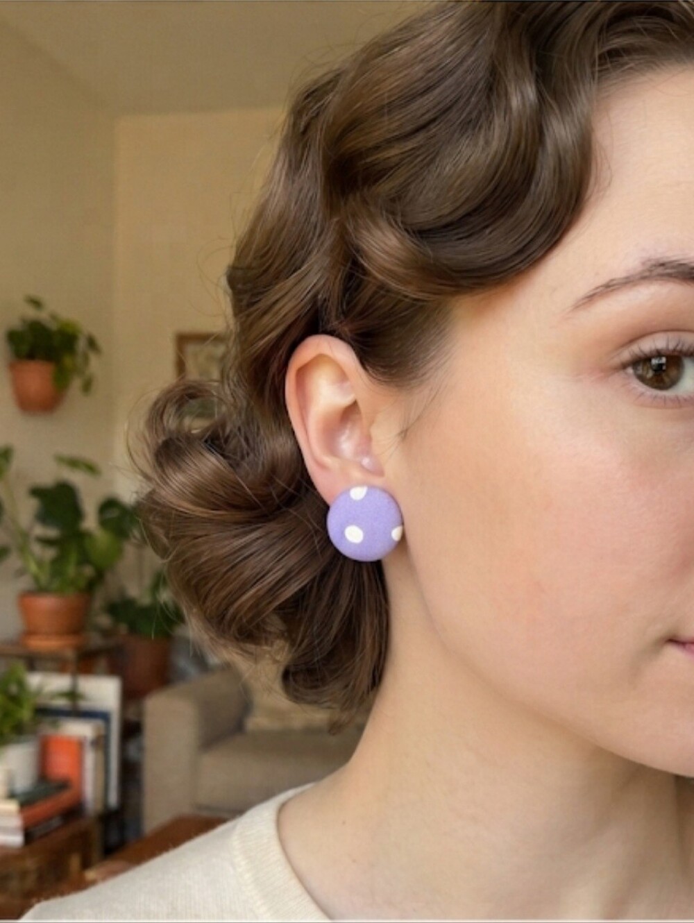 Purple and White Retro Polka Dot Fabric Button Stud Post Pierced Earrings